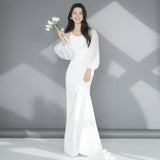 2025 White light wedding dress Korean temperament simple long-sleeved satin dress bride wedding engagement super fairy welcome door dress