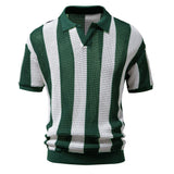 HULIANFU 2025 Men's  Summer Lapel Mesh Hollow Short Sleeve Fishnet Trend Men's Striped POLO Shirt Popularan Size