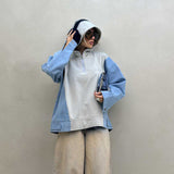 2025 sweet and spicy style denim splicing contrasting color hooded sweater autumn and winter loose retro semi-zipper long-sleeved pullover sweater