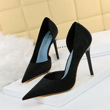 2025 6168-1  fashion, sexy and thin side hollow high heels, thin heel cloth surface, shallow mouth, pointed head, super high heel single shoes