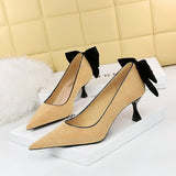 2025 17175-2 Korean version of sexy and thin high heels women's shoes thin heels high heels suede light mouth pointed bow single shoes