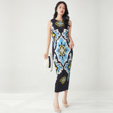 2025 Retro printed dress sleeveless summer slim fit sleeveless high elastic hip skirt temperament versatile  straight skirt