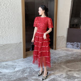 Heavy industry sequined bubble sleeve dress women's  summer new high-end waist hollow mesh cake dress