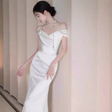 2025 Light wedding dress shoulder high-end niche satin engagement dress  bride wedding welcome out yarn fishtail dress