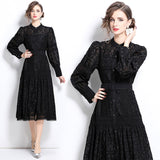 Court style dress women's  new heavy industry embroidery hollow flower breasted slim fit medium and long lantern sleeve dress