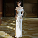 2025 one-word shoulder light wedding dress bridal high sense white simple satin dress temperament light luxury slim fishtail dress