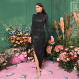 2025 long-sleeved temperament round neck sexy slim-fitting long sequined banquet evening dress bridesmaid dress women