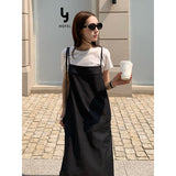 2025 THE MIND linen cotton white short-sleeved T-shirt + denim suspender skirt 2025 summer new casual suit T5011X