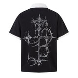 5530 n gender-neutral summer street tide retro painting printing design waffle men's lapel short-sleeved T-shirt