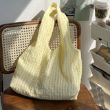 HULIANFU 2025 Summer small fresh lemon yellow hollow plaid canvas bag for women, Japan and Korea ins large capacity shoulder tote bag for women