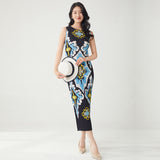 2025 Retro printed dress sleeveless summer slim fit sleeveless high elastic hip skirt temperament versatile  straight skirt