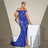 2025 new high-end temperament sleeveless one-word collar banquet hip-wrapped sequined split evening dress dress women