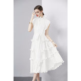 High-end dress dress sweet fungus edge slim long heavy industry pleated chiffon dress women  spring and summer