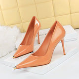2025 9283-6  style sexy and thin high heels, thin heel, super high heel, glossy patent leather, light mouth metal pointed single shoes