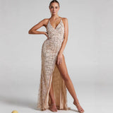 HULIANFU popular 2025 New solid color fringed sequined suspender cocktail dress party dress long dress fringed dress
