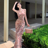 2025 retro oil painting rose print V-neck sleeveless dress women's 2025 summer high waist and thin coffee break dress