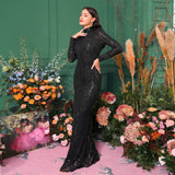 2025 long-sleeved temperament round neck sexy slim-fitting long sequined banquet evening dress bridesmaid dress women