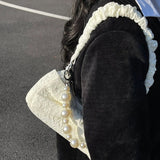 HULIANFU 2025 Hot light luxury pleated armpit bag women's summer  super fire bow pearl chain bag crossbody shoulder bag