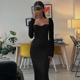HULIANFU 2025 New spring new temperament slim-fit chest-wrapped lace-up waist splicing lace long-sleeved hip-wrapped dress women