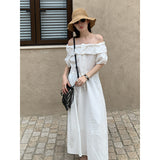 2025 THE MIND100 Tencel one-word shoulder dress 2025 summer Korean version simple waist and thin dress 012AX