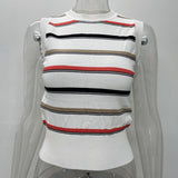 HULIANFU 2025 bm short knitted sleeveless round neck contrasting stripes inside and outside, bottomed sexy Spice Girl suspender vest