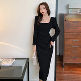 2025 Early autumn new square neck long-sleeved dress women's  high-end sense solid color light and mature style temperament slit medium and long skirt