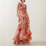 HULIANFU popular new spring and summer off-the-shoulder V-neck women's clothing suspender printing fairy long temperament evening dress big swing dress