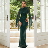 2025 high-end long-sleeved temperament round neck sexy long sequined banquet evening dress bridesmaid dress women