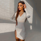 2025 hot-selling autumn and winter new dress women's flash diamond splicing design sexy hottie long-sleeved V-neck skirt