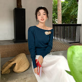2025 spring new ins temperament off-the-shoulder wool bottoming shirt long-sleeved knitted sweater women's top 25149