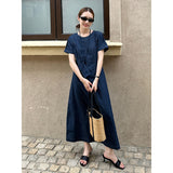 2025 THE MIND denim short-sleeved dress 2025 thirteen lines summer new Korean simple A-shaped long dress T5006X