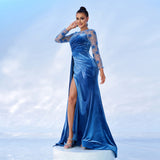 2025 new temperament round neck long sleeve long sequined banquet hip wrap evening dress bridesmaid dress women