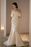 2025 light wedding dress  new bride retro shoulder white satin fishtail dress manufacturer wholesale supply