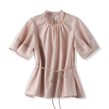 2025 Breathing Fabric~ Tencel Shirt Women's Clothing  Summer New Waist Lace-Up Bubble Sleeve Short Sleeve Top