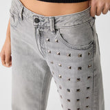 2025 2025n retro rivet metal decorative jeans women's street style autumn and winter new washed old straight jeans
