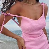 2025 Pink sexy cotton and linen V-neck suspender slim-fit hip-wrapped pencil dress popular  spring and summer fashion short skirt women