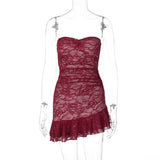 HULIANFU 2025 New new sexy lace hip-wrapped ruffle edge tube top slim street style dress