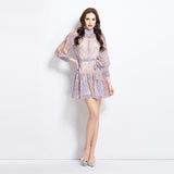 New women's clothing 2025 spring and summer vacation new ethnic style stand-up collar lantern sleeve printed short dress