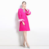 heavy industry handmade beaded luxury rhinestone dress two-color ostrich hair versatile dress with belt