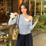 2025 spring new ins temperament off-the-shoulder wool bottoming shirt long-sleeved knitted sweater women's top 25149