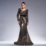 2025 women's clothing new high-end long-sleeved V-neck slim-fit hip-wrapped banquet sequined fishtail evening dress dress