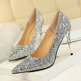 2025 9219-12  style fashion sexy nightclub women's shoes metal heel stiletto high heel light mouth pointed sequin single shoes