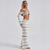 2025 HULIANFU popular New   Spice Girls Women's Clothing Suit Summer Stripe Long Sleeve Neck Top Skirt Two-piece Set Women