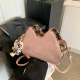 HULIANFU 2025 ins super fire cute cat leopard print plush small bag Korean version embroidered letter matte women's bag Popular style messenger bag