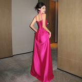 2025 Beauty comes  high-end waist rose red suspender long dress engagement birthday evening dress skirt