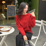 2025 Thirteen Lines popular Autumn and Winter New Temperament ins Rose Off-Shoulder Knitted Sweater Versatile Top Women 25179
