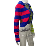 HULIANFU popular autumn New new lapel knitted sweater cardigan for women ins wind contrasting color striped short long-sleeved sweater for women