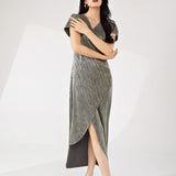 2025 Hot trade women's clothing  dress high sense v-neck short sleeves loose irregular fashion temperament medium and long dress Popular style
