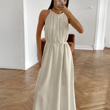 2025 Khaki cotton and linen sleeveless neck high waist A pendulum dress popular  summer breathable fashion new long dress