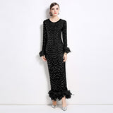 light luxury temperament Royal sister heavy industry hot diamond slim mesh dress women's feather splicing waist long dress